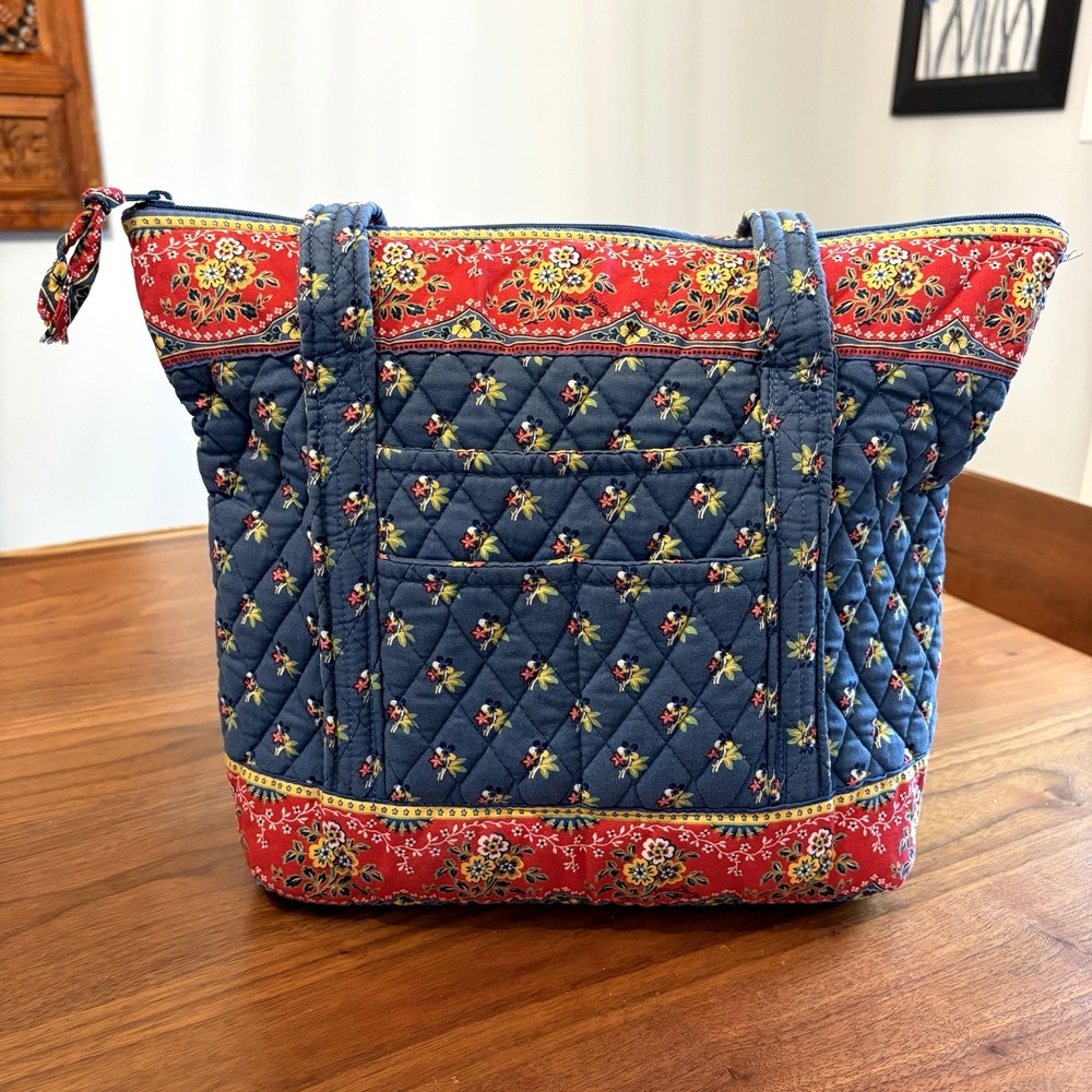 Vera Bradley Floral Tote Bag Quilted Blue Red Zip Closure Inner Pockets